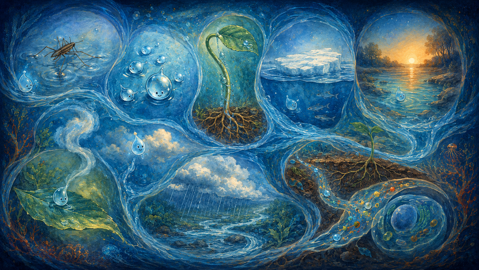 Ein gemalter Wassercomic aus organisch verbundenen Bildblasen: Ein Tropfen begegnet einem Wasserläufer, anderen Tropfen, einer Pflanze mit Wurzeln, schwimmendem Eis, einem warmen See, Verdunstung und Regen sowie gelösten Stoffen auf ihrem Weg durch Boden und Zelle.